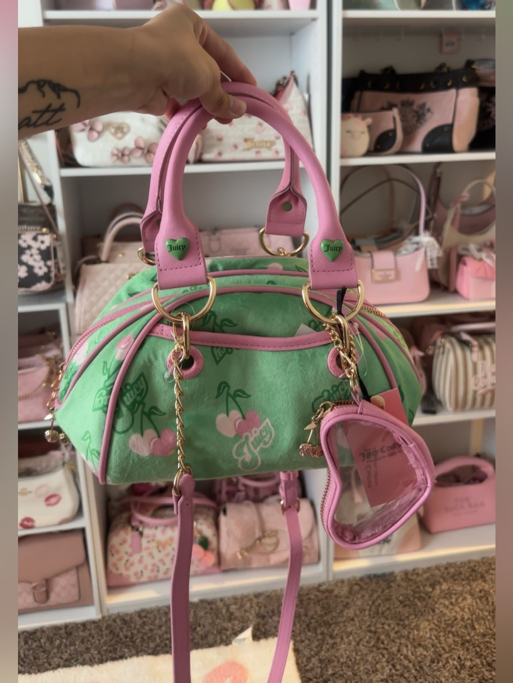 Juicy Couture Pink & Mint Green Cherry Dome Satchel bowler bag